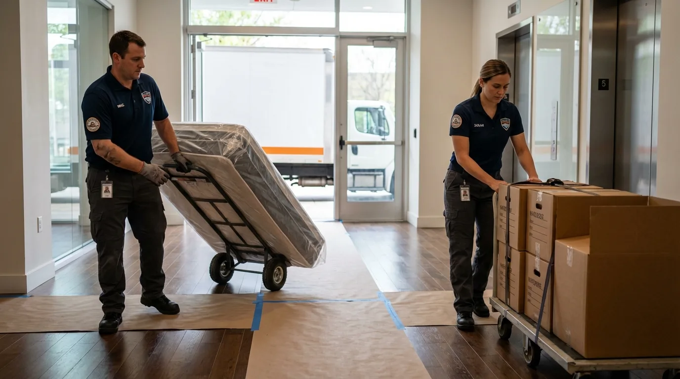 Professional apartment movers loading elevator in Millbury, OH